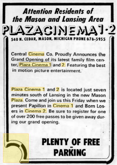 Mason Twin Cinema (Plaza Cinema 1 and 2) - 1974 Ad (newer photo)